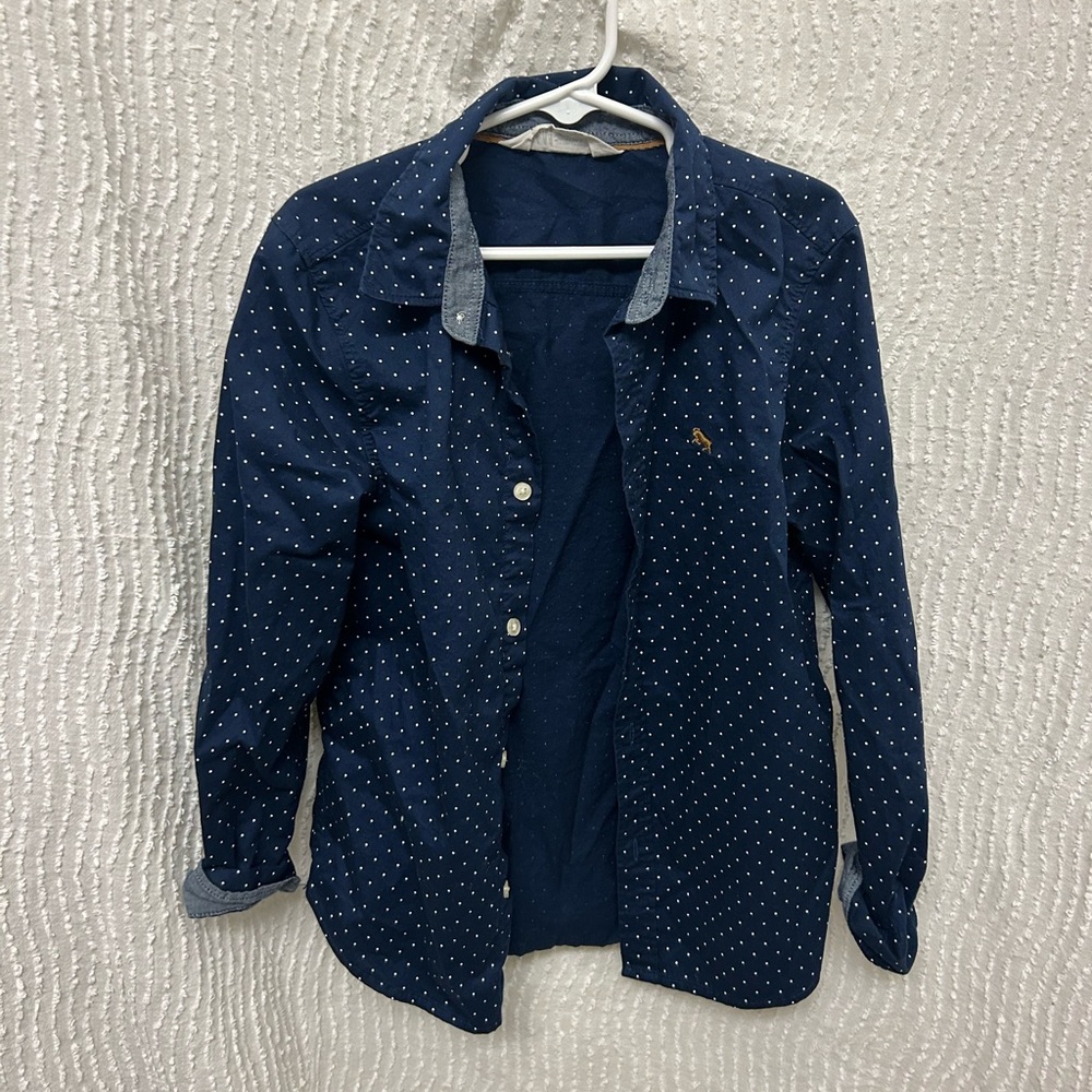 Boys Button Down Navy Blue White Polka Dots Size 7 H&M